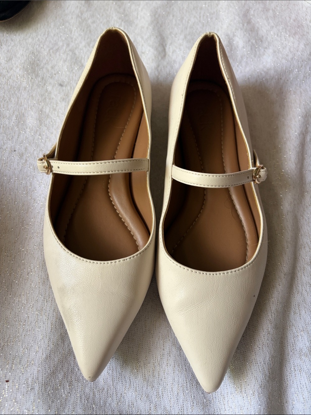 Pointed Mary Jane Flats in Cream with Ankle Strap